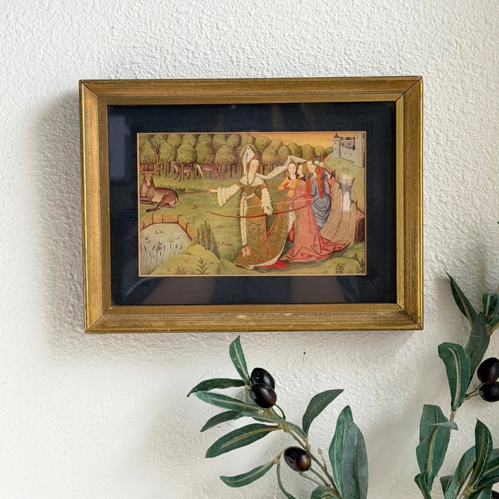 Vintage Medieval Hunting Scene Framed Art Print Gold Tone Frame 10x8 Huntress